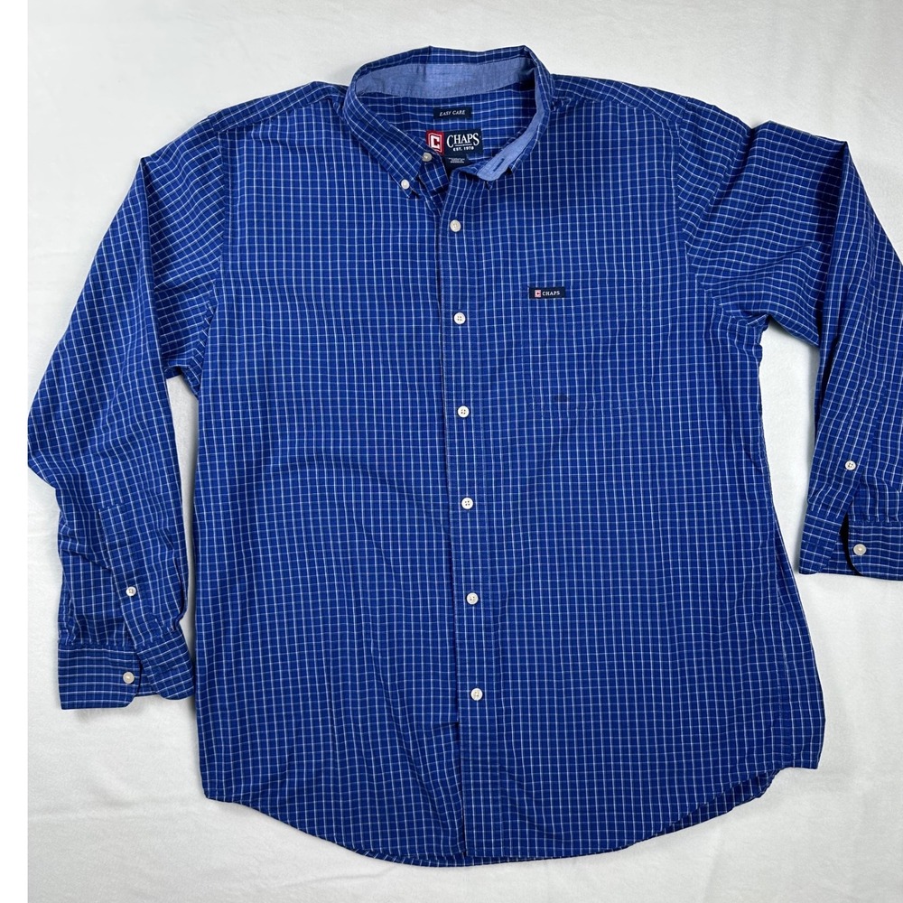 ATT# Stain Chaps Mens L/G Blue Plaid Long Sleeve Button Down Shirt